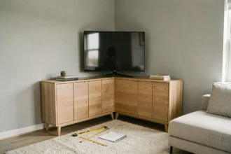 Meuble d'angle TV mal positionné dans un salon moderne avec écart visible entre le meuble et le mur, illustrant une erreur de mesure courante