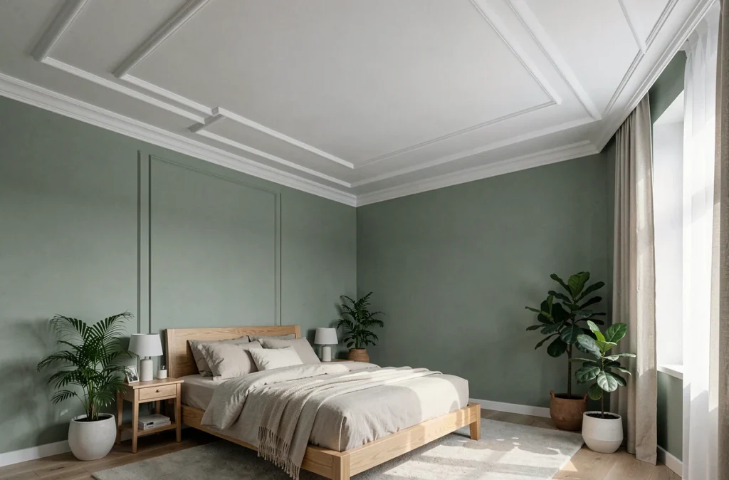 Chambre scandinave moderne avec moulures géométriques en polyuréthane encadrant un plafond blanc dans un intérieur minimaliste