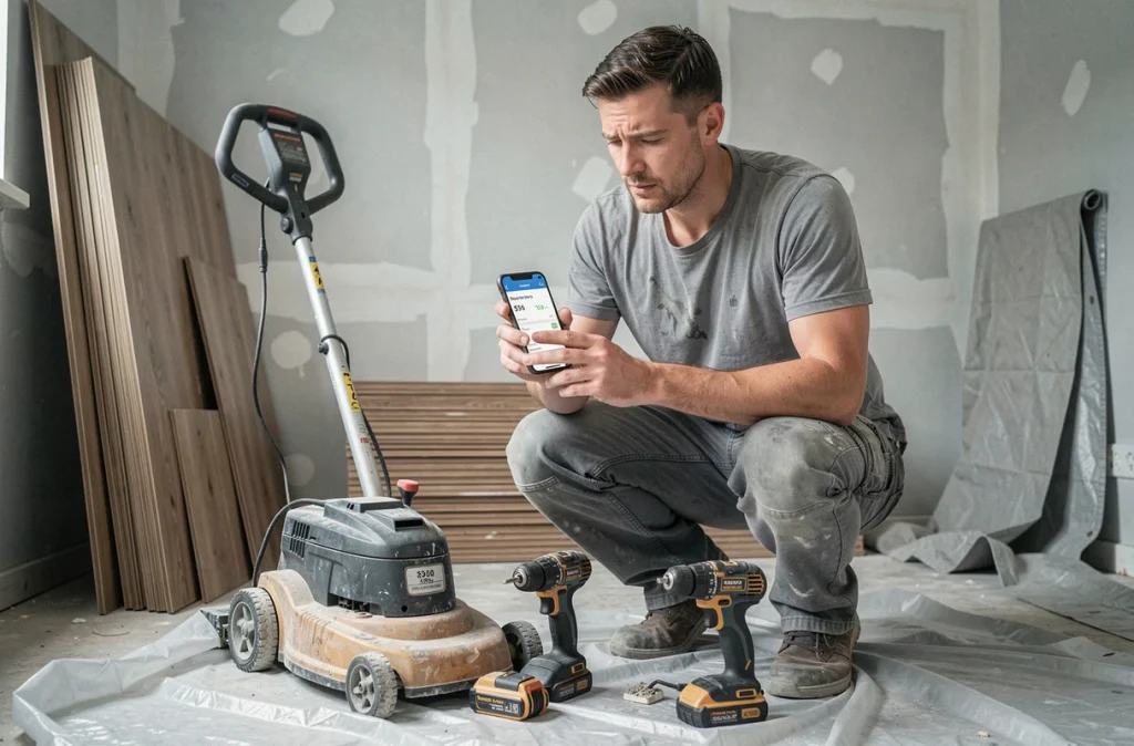 Un particulier vérifie le coût de location d'outillage de travaux sur smartphone au milieu d'un chantier de rénovation intérieure