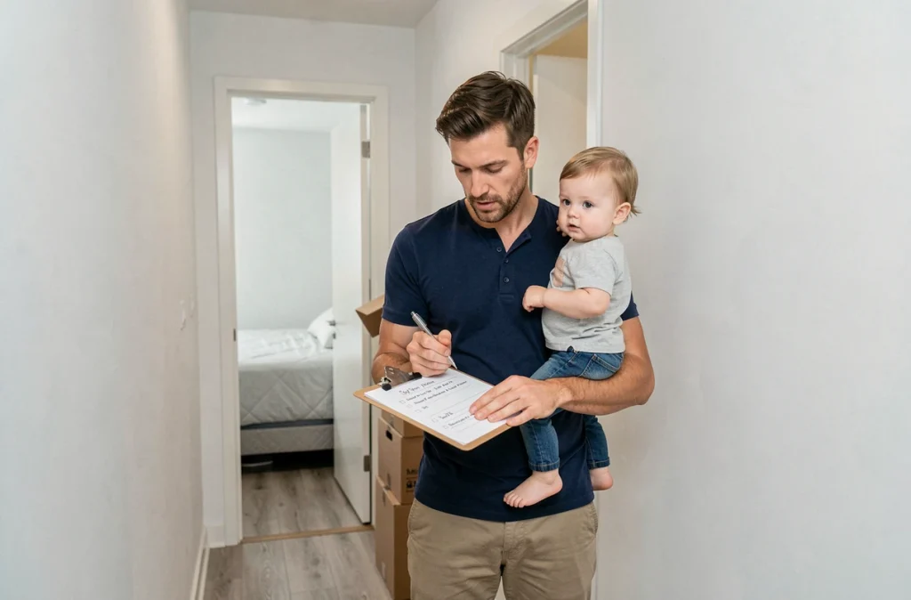 Père tenant son jeune enfant dans les bras en consultant une liste de tâches lors d'un déménagement dans un nouvel appartement