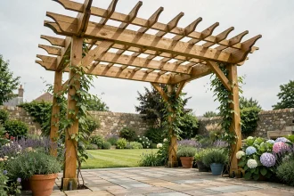 Pergola en bois installée dans un jardin verdoyant avec poutres en chêne, terrasse en pierre et plantes grimpantes