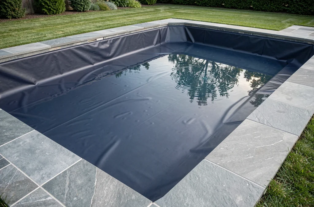 Piscine enterrée avec liner bleu marine neuf et margelles en pierre grise dans un jardin soigné