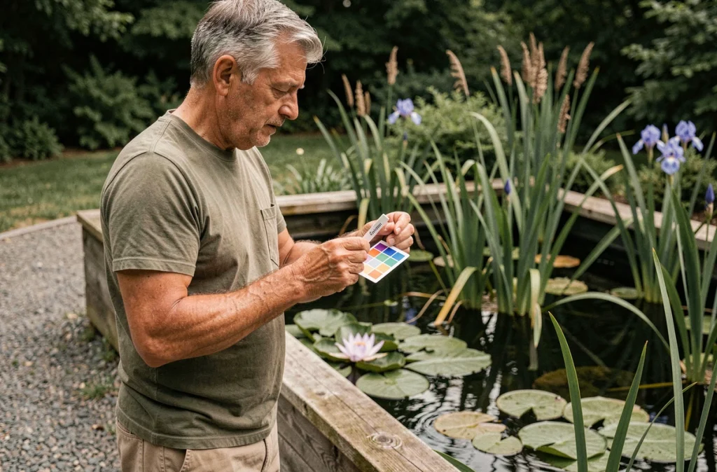 Homme testant la qualité de l'eau d'une piscine naturelle avec filtre végétal et plantes aquatiques
