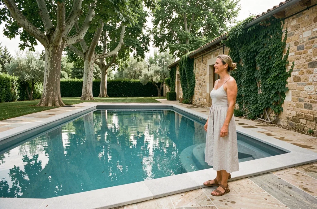 Femme admirant une piscine rénovée aux abords soignés dans un jardin provençal avec mur en pierre ancienne