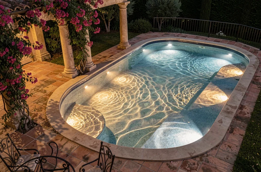 Piscine ovale de villa méditerranéenne avec éclairage ambré et blanc reflété dans l'eau la nuit