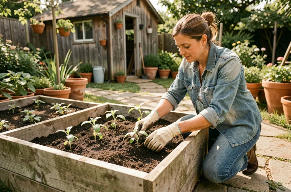 Femme plantant des plants de tomates dans une jardinière surélevée en bois remplie de terreau dans un potager