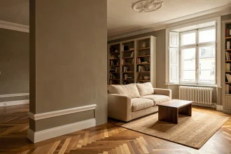 Salon classique modernisé avec plinthes hautes blanches, parquet en chevrons et canapé en bouclé beige dans un appartement haussmannien