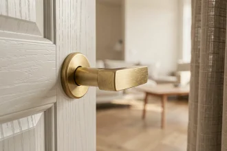 Poignée de porte en laiton brossé sur une porte en chêne blanc dans un intérieur scandinave minimaliste