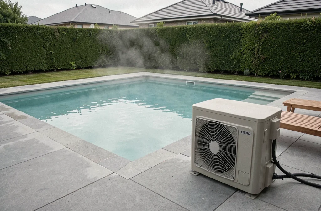 Pompe à chaleur de piscine installée dans un jardin moderne avec piscine chauffée