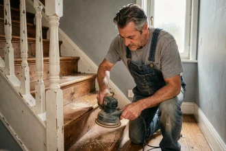 Homme ponçant une marche d'escalier en bois lors d'une rénovation intérieure dans une maison ancienne