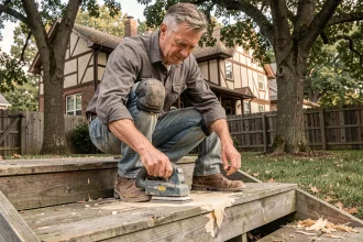 Homme en train de poncer les marches d'un escalier extérieur en bois usé lors d'une rénovation dans un jardin résidentiel