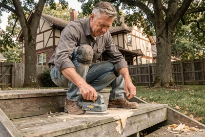 Homme en train de poncer les marches d'un escalier extérieur en bois usé lors d'une rénovation dans un jardin résidentiel