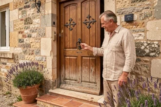Homme inspectant une nouvelle porte d'entrée en bois massif avec ferrures en fer forgé sur une maison en pierre traditionnelle
