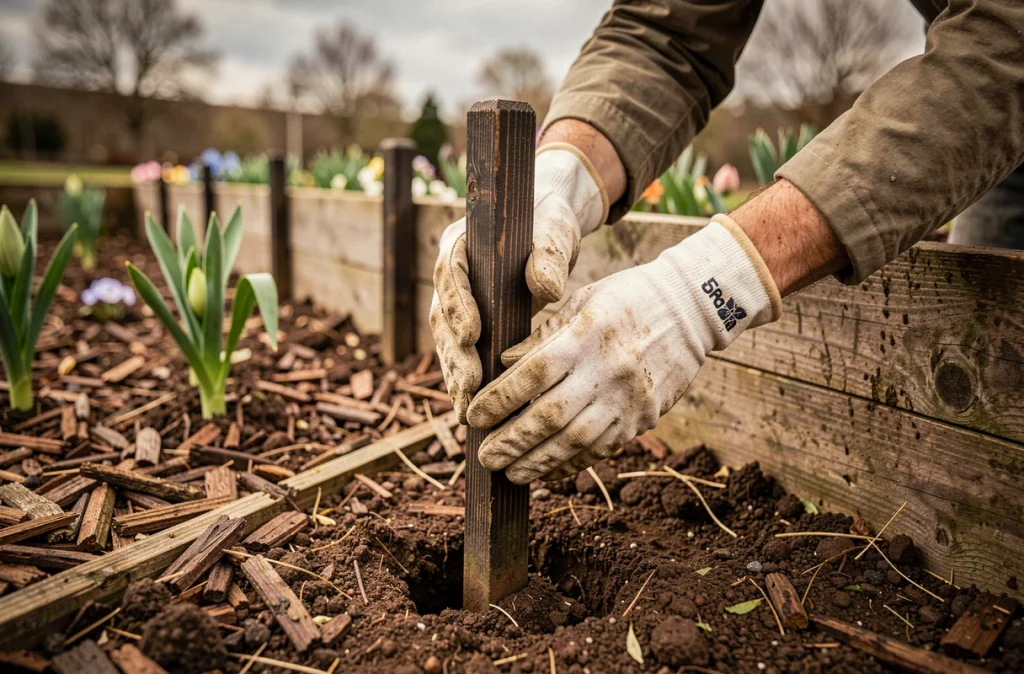 Pose de bordures en bois pour délimiter un massif de jardin, gros plan sur les mains