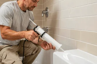 Artisan appliquant un joint acrylique blanc sur l'angle entre une baignoire et un carrelage mural dans une salle de bain moderne