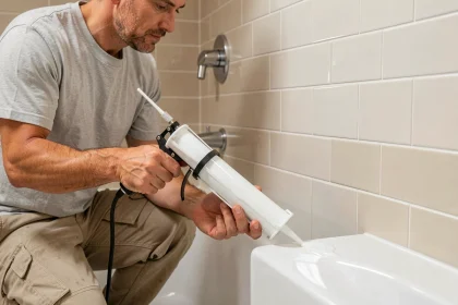 Artisan appliquant un joint acrylique blanc sur l'angle entre une baignoire et un carrelage mural dans une salle de bain moderne