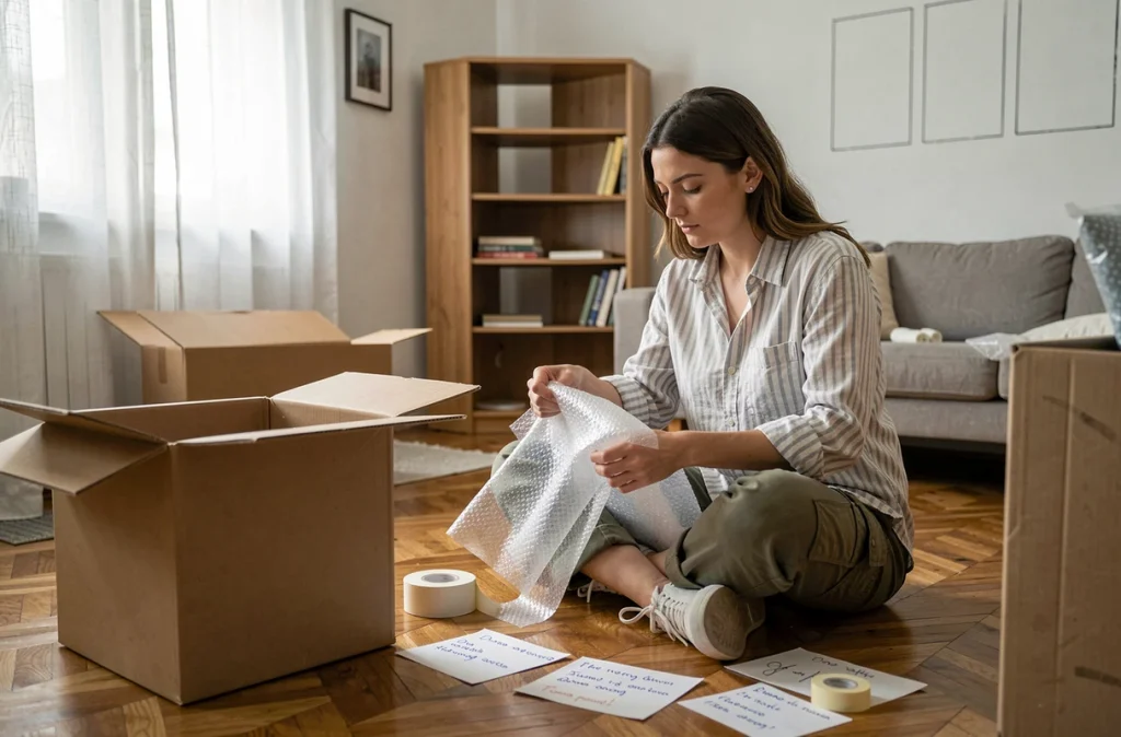 Femme emballant des objets fragiles dans des cartons lors d'un déménagement en appartement