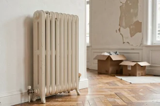 Radiateur en fonte d'occasion rénové posé contre un mur blanc dans un appartement haussmannien en cours de rénovation