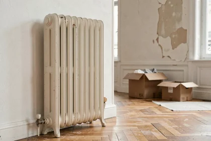 Radiateur en fonte d'occasion rénové posé contre un mur blanc dans un appartement haussmannien en cours de rénovation