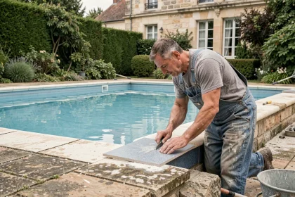 Ouvrier posant des carreaux neufs sur le bord d'une piscine ancienne en cours de rénovation dans un jardin résidentiel