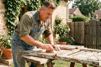 Artisan rénovant un volet en bois ancien en ponçant sa surface dans le jardin d'une maison en pierre