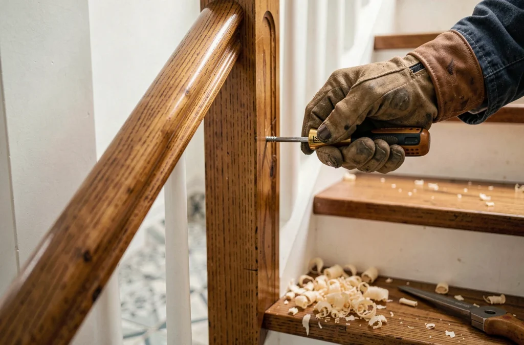Gros plan sur la main d'un artisan fixant un balustre d'escalier en bois rénové avec un tournevis