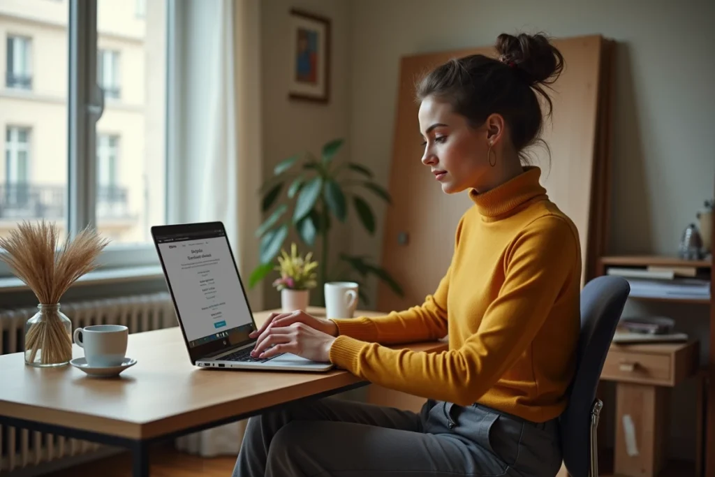Jeune femme réservant en ligne l'enlèvement d'encombrants depuis son appartement parisien