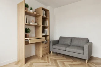 Salon compact avec meuble de rangement BUT en chêne clair et bureau rabattable dans un petit appartement moderne