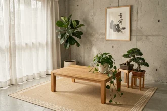 Coin salon japonisant avec tapis en tatami, plantes vertes et décoration épurée en tons naturels