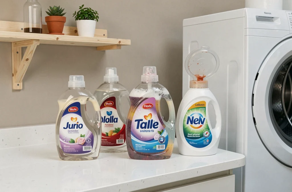 Sélection de flacons de lessive liquide alignés sur un plan de travail blanc près d'un lave-linge pour comparaison de produits