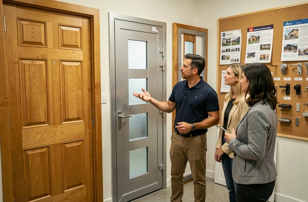 Vendeur présentant différents modèles de portes d'entrée sécurisées à un couple dans un showroom spécialisé