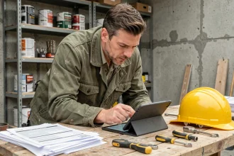 Un professionnel du bâtiment consulte un simulateur de coût de location de matériel sur une tablette dans un atelier de chantier
