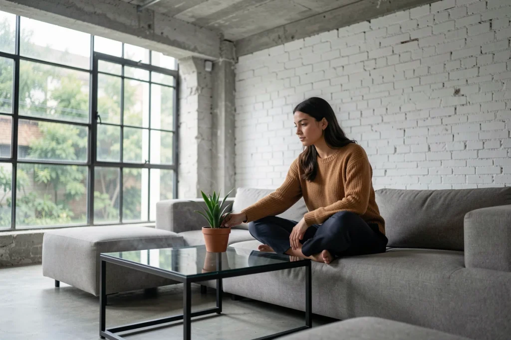 Femme posant une plante sur une table basse en acier et verre fumé dans un loft contemporain aux murs en béton et briques blanches