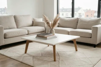 Table basse design en bois de chêne et laque blanche dans un salon scandinave épuré avec canapé en lin et tapis en laine