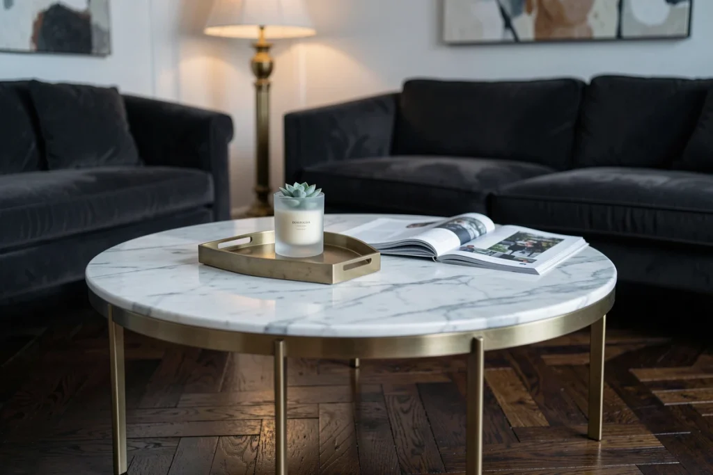 Table basse ronde plateau marbre et pieds laiton brossé dans un salon parisien chic avec parquet en chevrons et canapé velours
