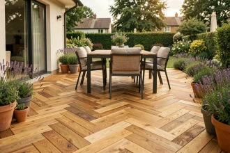 Terrasse en bois avec mobilier de jardin et plantes en pot autour d'une maison moderne