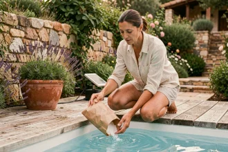 Femme ajoutant du sel minéral naturel dans une piscine écologique entourée d'un jardin méditerranéen