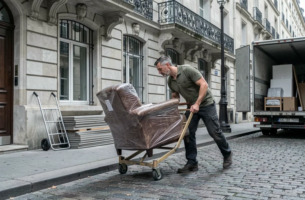 Déménageur transportant un fauteuil sur diable devant un immeuble haussmannien sans ascenseur