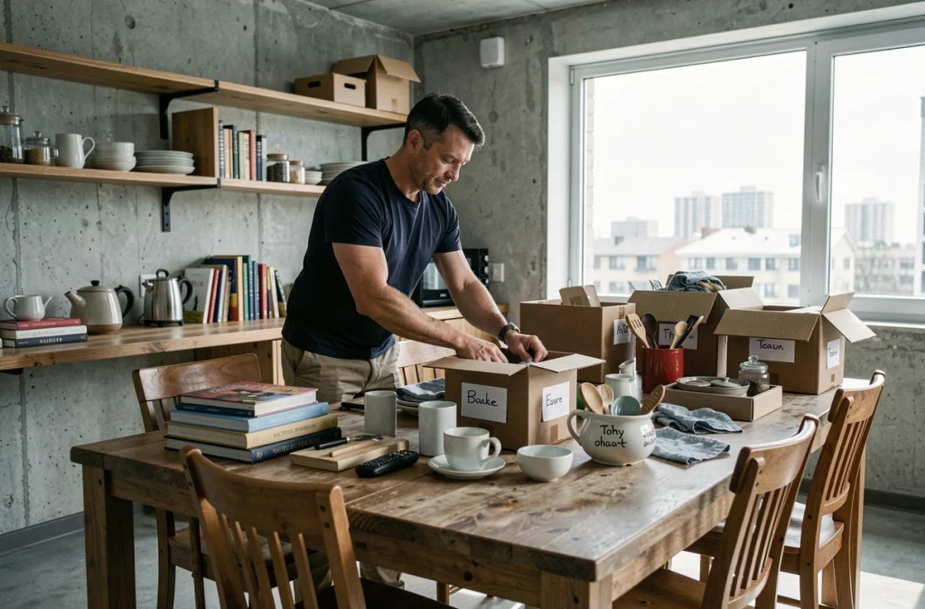 Homme qui organise et trie des objets ménagers sur une table avant d'emballer ses affaires dans des cartons