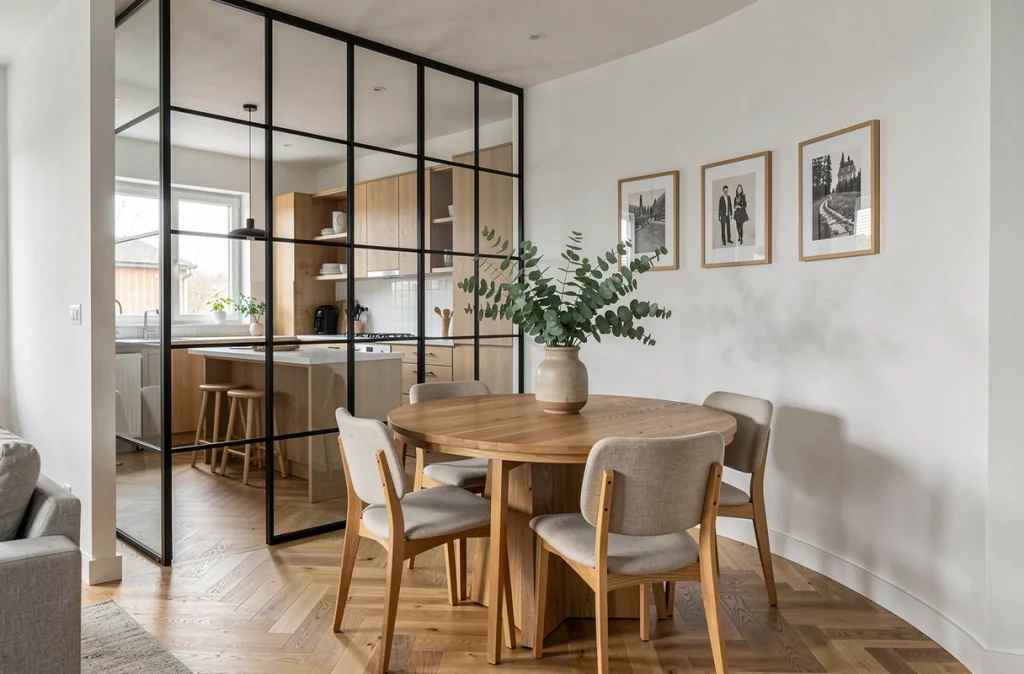 Séjour scandinave avec verrière intérieure en acier et parquet en chevron séparant cuisine et salle à manger