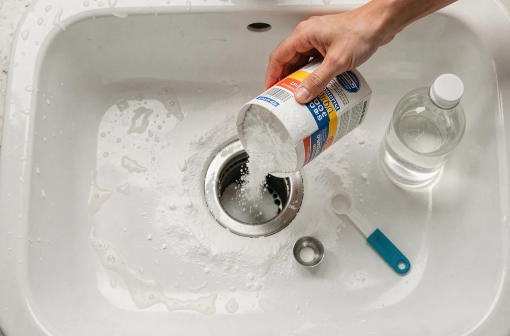 Mains versant du bicarbonate de soude dans le siphon d'un évier bouché