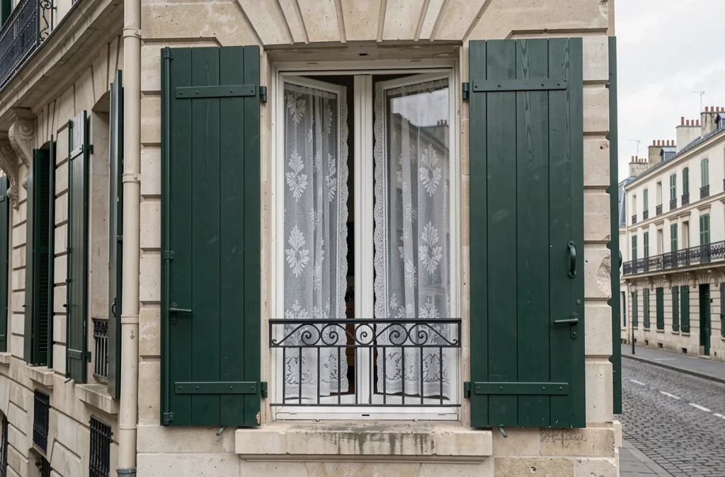 Volets en bois fraîchement rénovés en vert foncé sur la façade d'un immeuble haussmannien parisien
