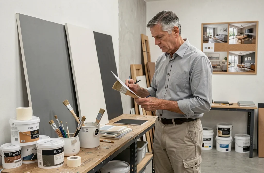 Atelier professionnel A.D + Peinture avec panneaux de teintes testées, matériel de peinture haut de gamme et planches de rénovation intérieure