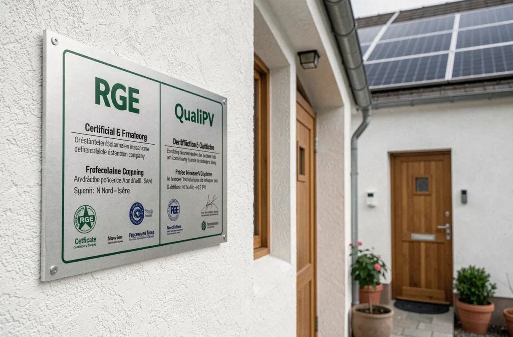 Plaques de certification RGE et QualiPV d'Alp'EnR sur la façade d'une entreprise solaire en Nord-Isère