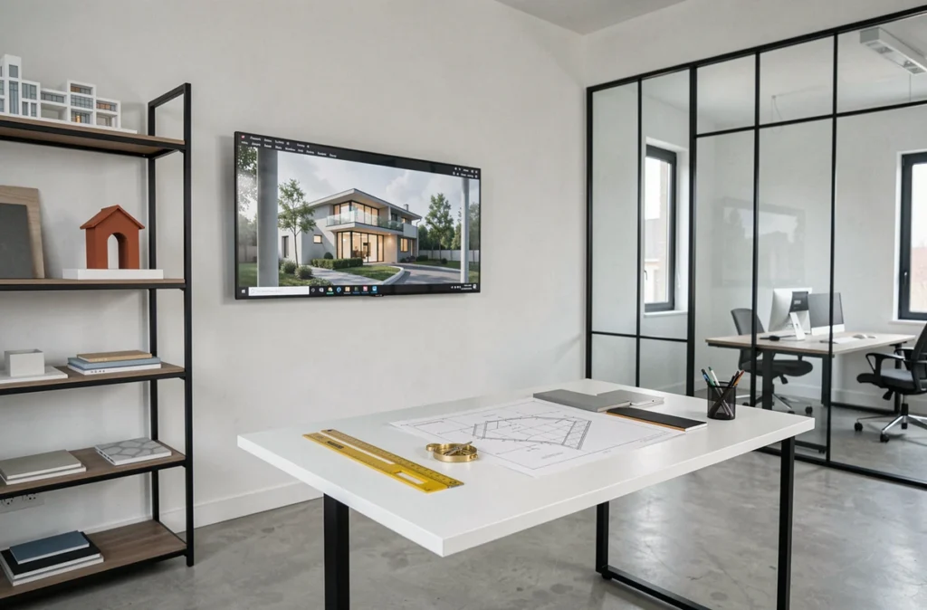 Studio de conception architecturale Arqitecture avec espace de travail épuré, maquettes et plans de projets résidentiels modernes