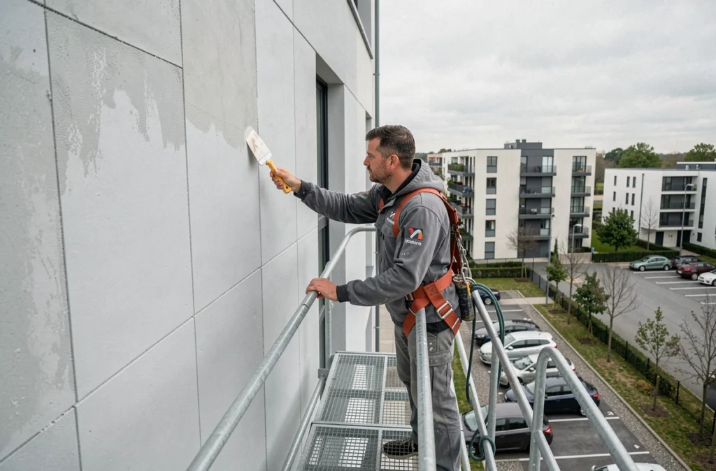 Spécialiste d'ART Façade IDF sur une nacelle appliquant un système d'isolation par l'extérieur sur un immeuble en Essonne