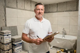 Artisan professionnel tenant un devis de rénovation dans une salle de bains en cours de travaux avec carrelage et béton brut