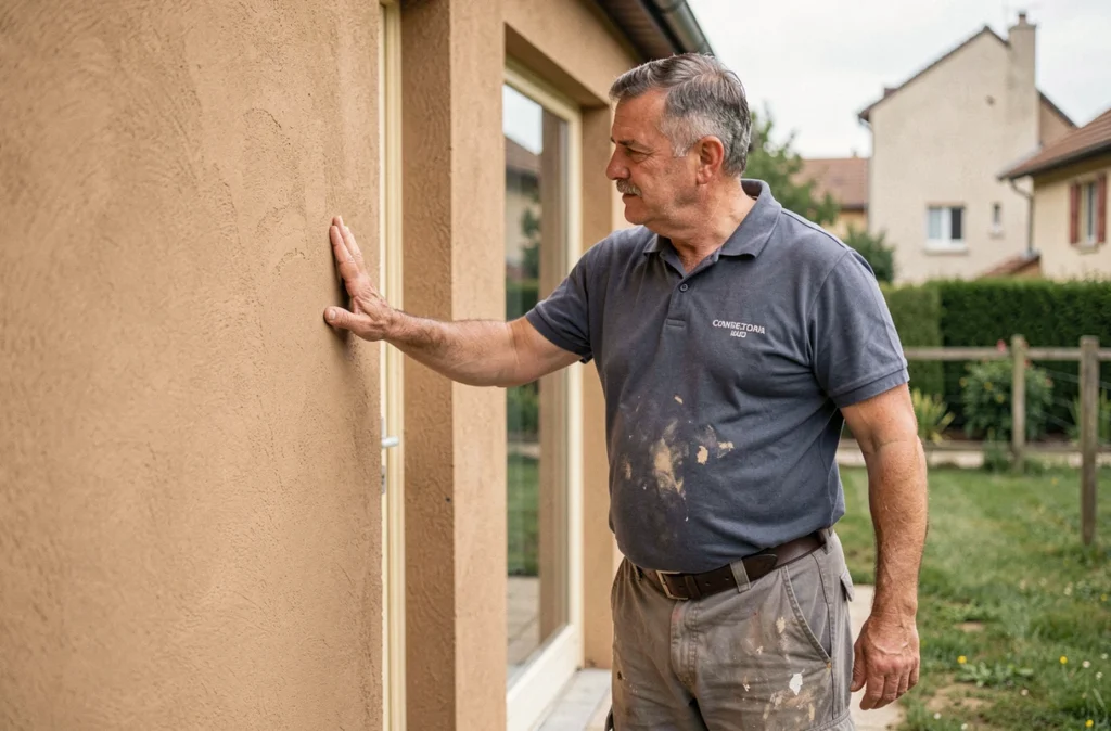 Entrepreneur de Bonhomme Batiment inspectant une façade fraîchement ravalée sur une maison de banlieue en Essonne