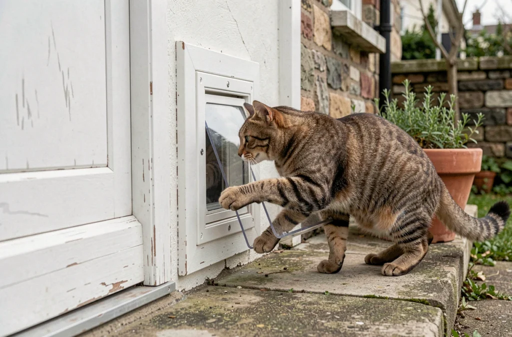 Chat roux passant à travers une chatière magnétique nouvellement installée dans une porte PVC ancienne donnant sur un jardin pavillonnaire