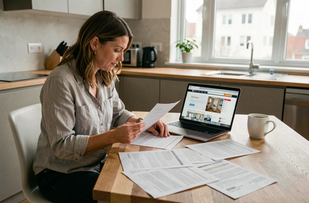 Femme comparant plusieurs devis de rénovation de salle de bains sur une table avec ordinateur portable et documents imprimés
